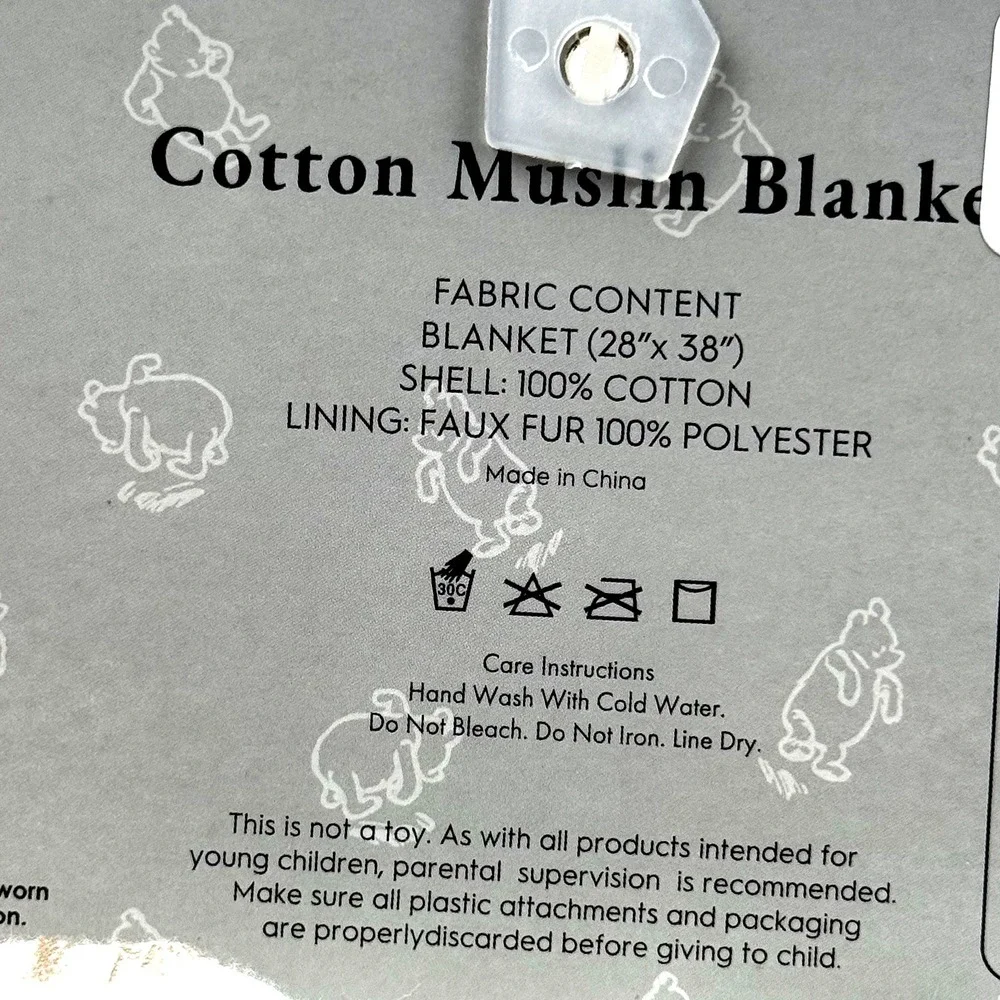 New Winnie the Pooh Bear Cotton Muslin Baby Blanket Nursery White Plush Faux Fur